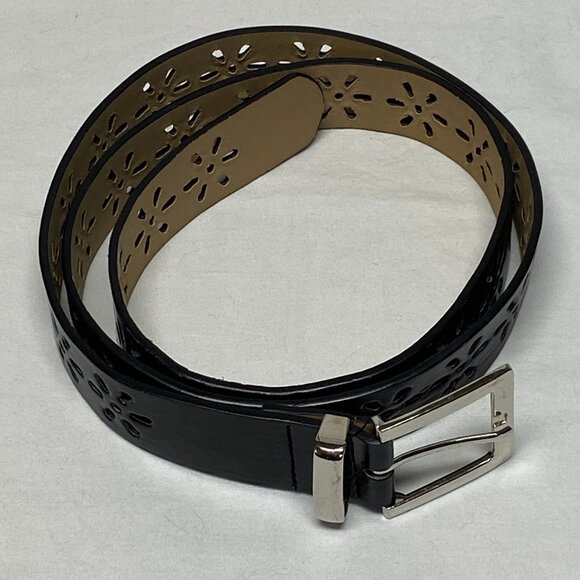 Faux Leather Daisy Cut Out Black Belt 2X Silver Metallic Buckle Boho Western - Picture 4 of 8